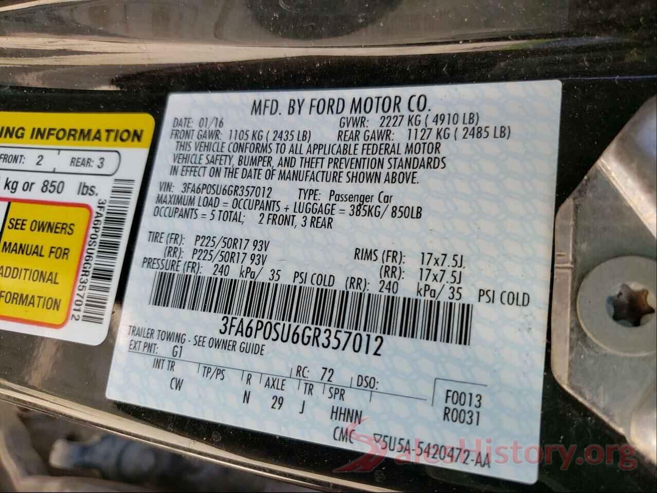 3FA6P0SU6GR357012 2016 FORD FUSION