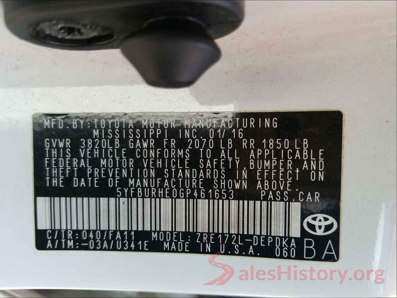 5YFBURHE0GP461653 2016 TOYOTA COROLLA