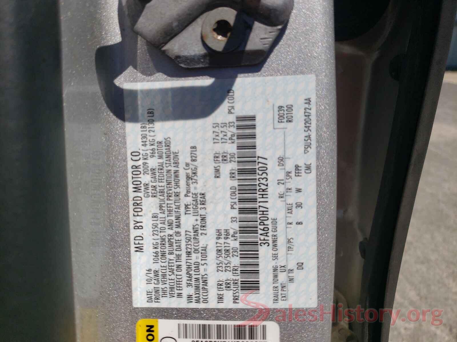 3FA6P0H71HR235077 2017 FORD FUSION