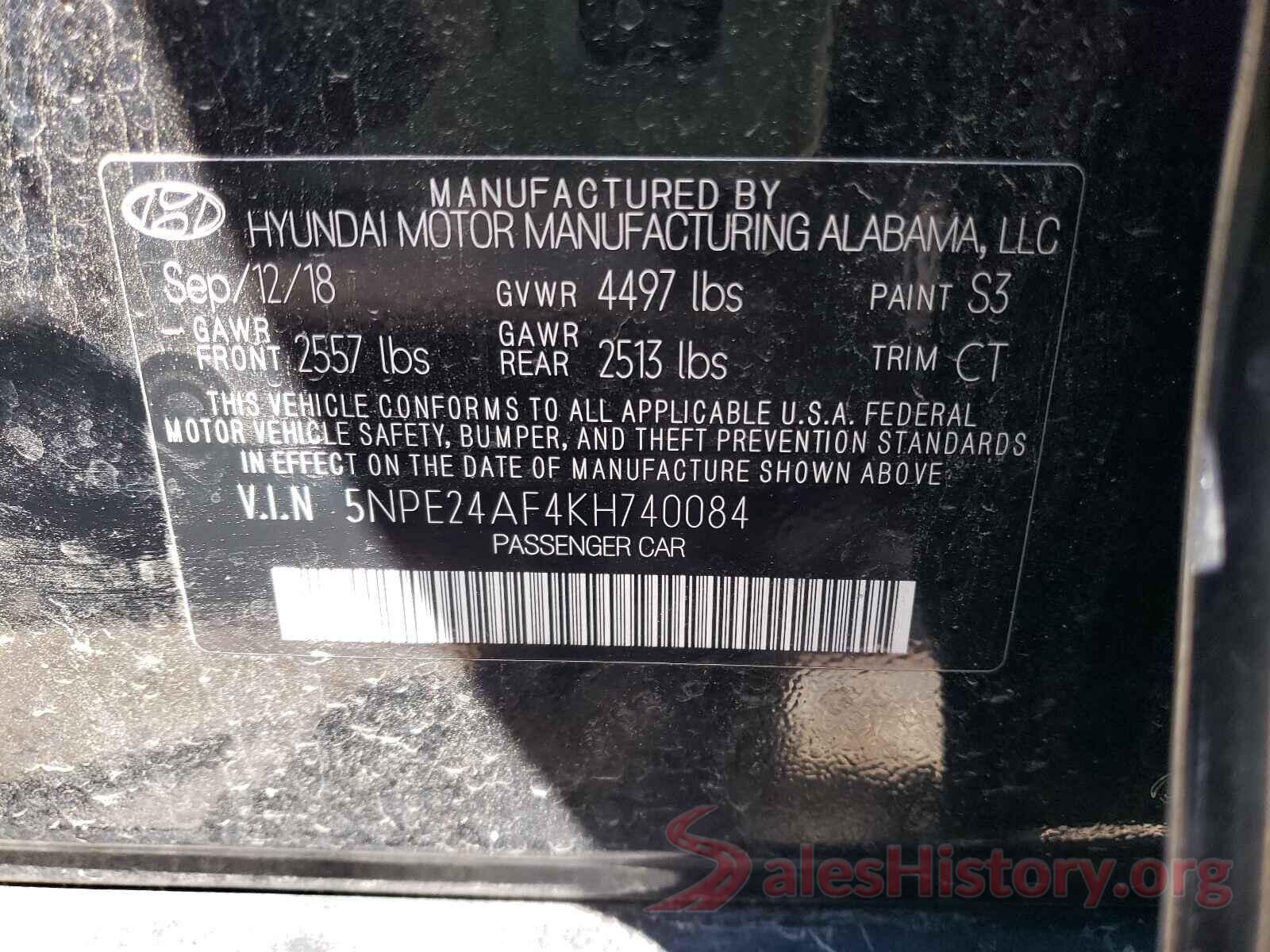 5NPE24AF4KH740084 2019 HYUNDAI SONATA