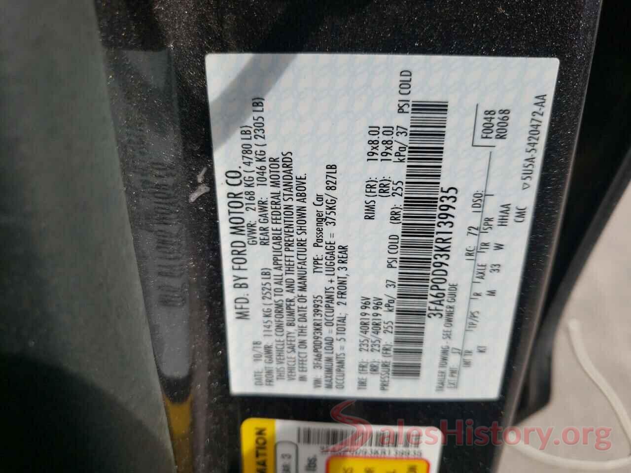 3FA6P0D93KR139935 2019 FORD FUSION