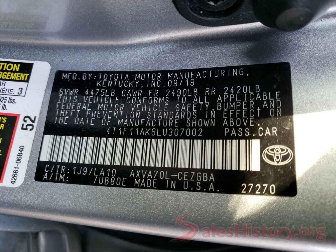 4T1F11AK6LU307002 2020 TOYOTA CAMRY