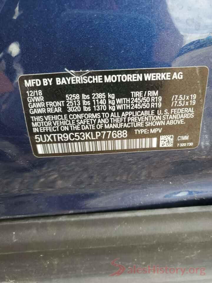 5UXTR9C53KLP77688 2019 BMW X3