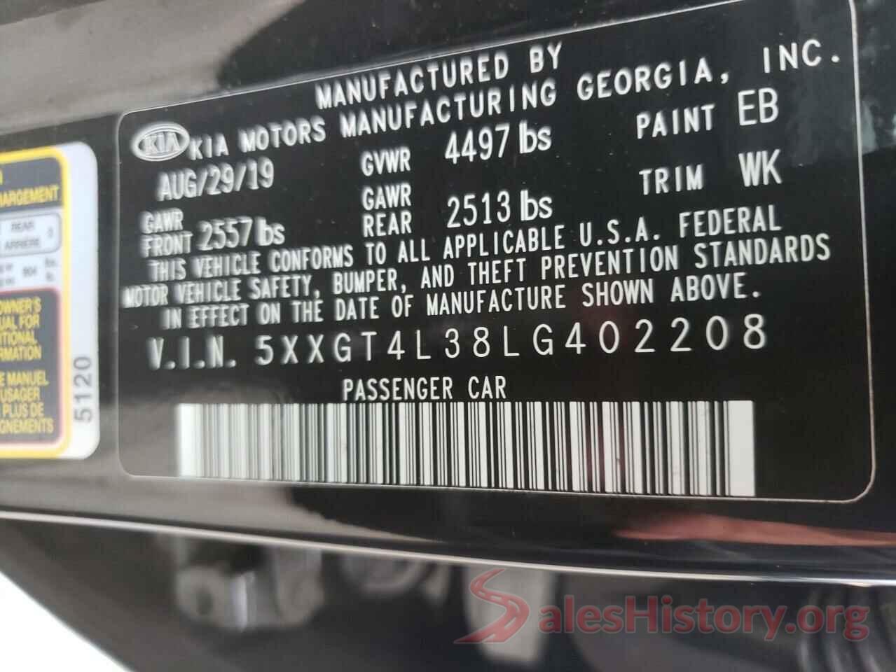 5XXGT4L38LG402208 2020 KIA OPTIMA