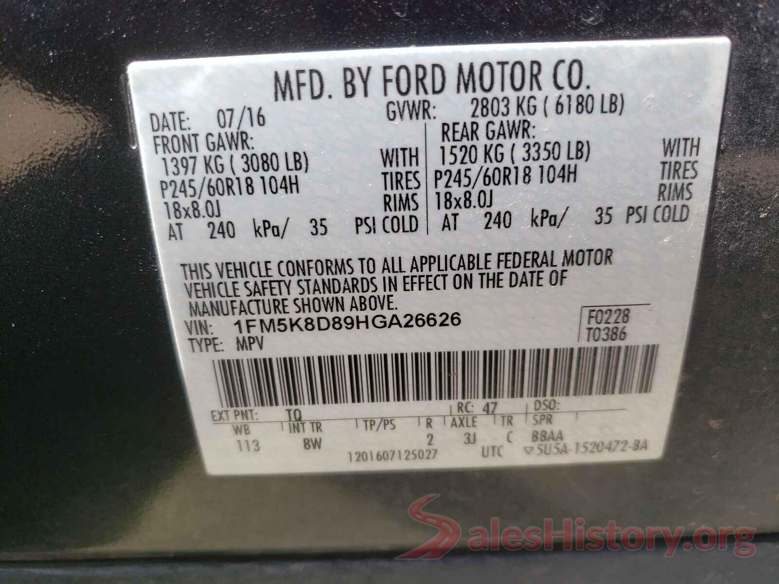 1FM5K8D89HGA26626 2017 FORD EXPLORER