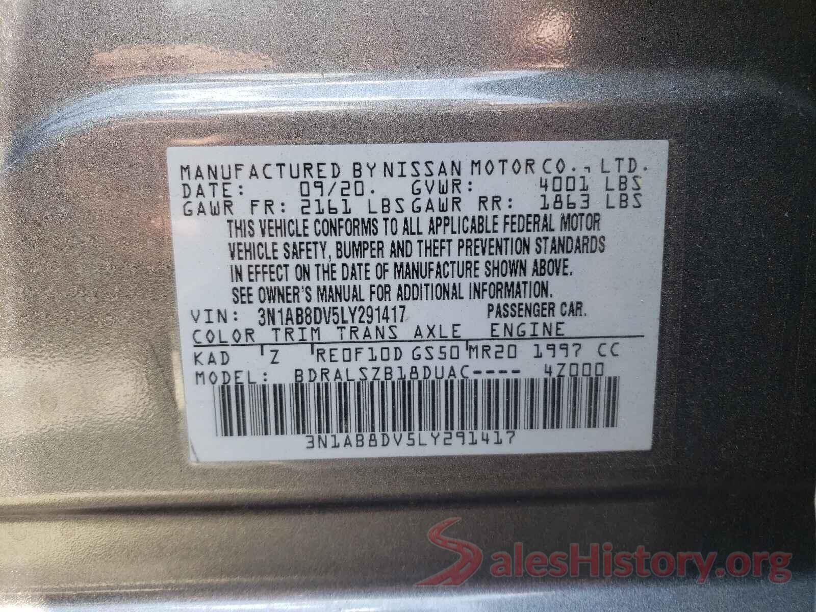 3N1AB8DV5LY291417 2020 NISSAN SENTRA