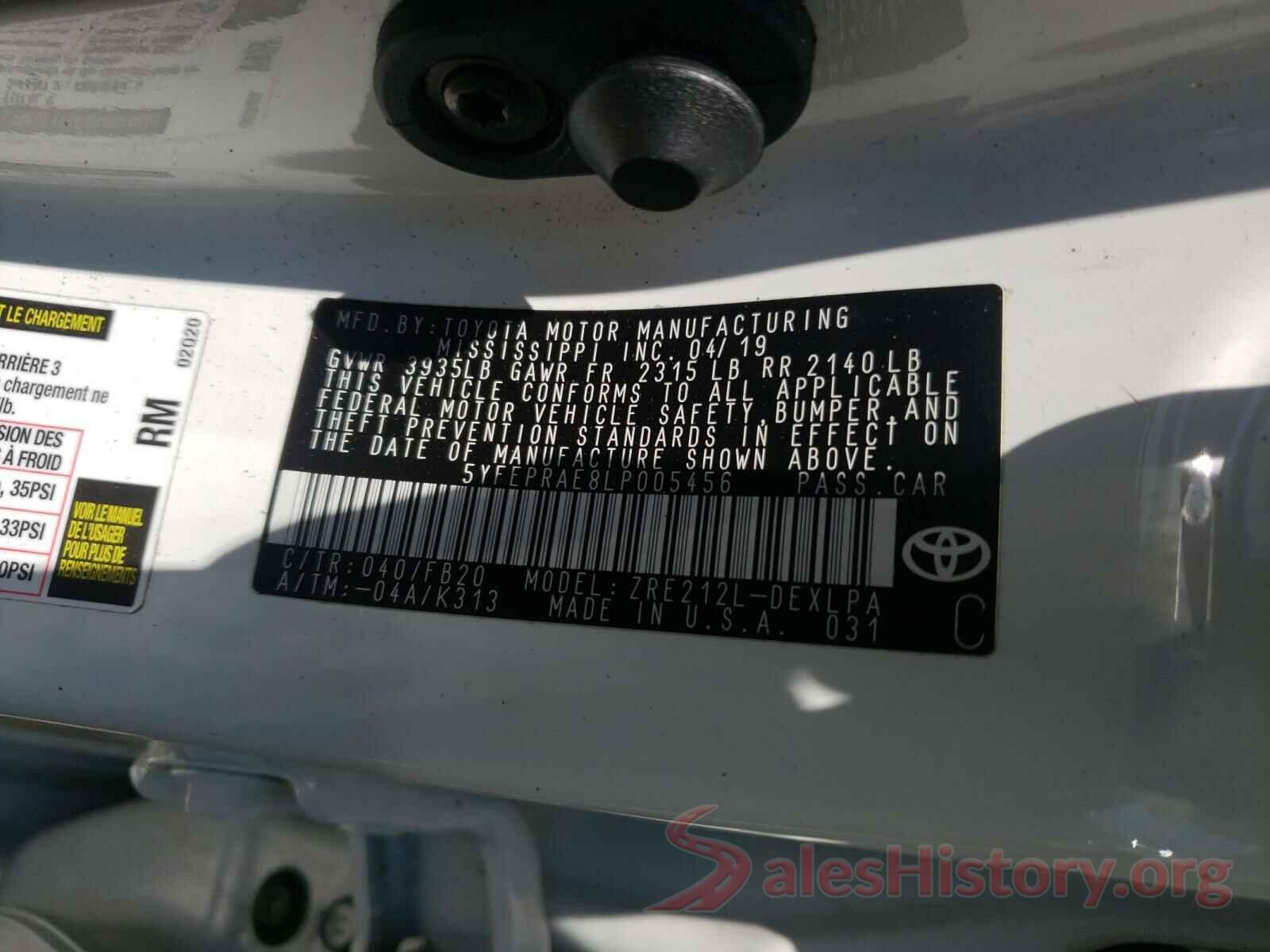 5YFEPRAE8LP005456 2020 TOYOTA COROLLA