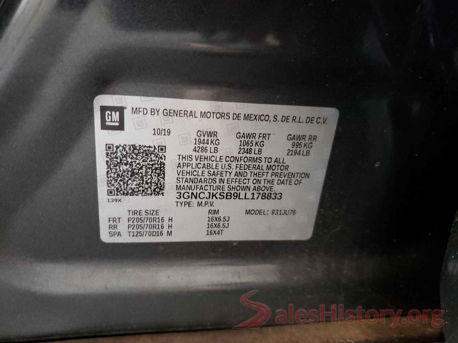 3GNCJKSB9LL178833 2020 CHEVROLET TRAX