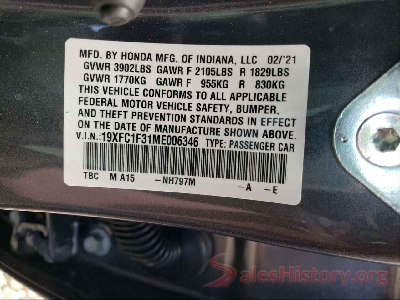 19XFC1F31ME006346 2021 HONDA CIVIC