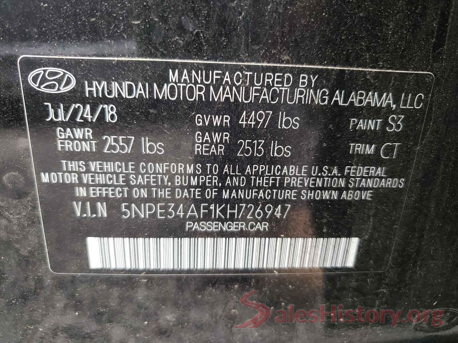 5NPE34AF1KH726947 2019 HYUNDAI SONATA