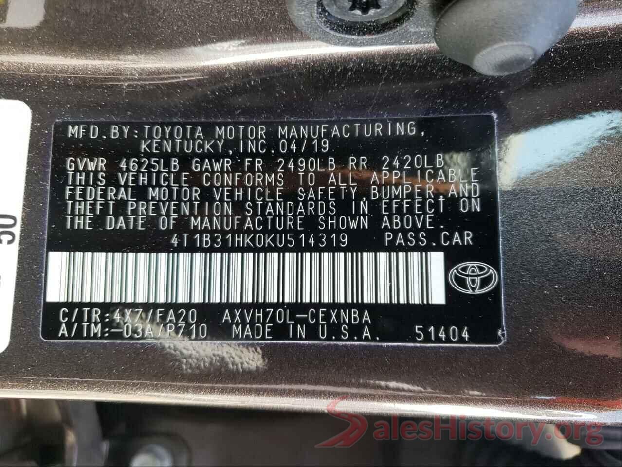 4T1B31HK0KU514319 2019 TOYOTA CAMRY