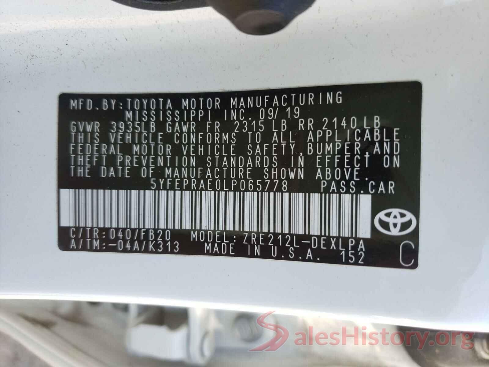 5YFEPRAE0LP065778 2020 TOYOTA COROLLA