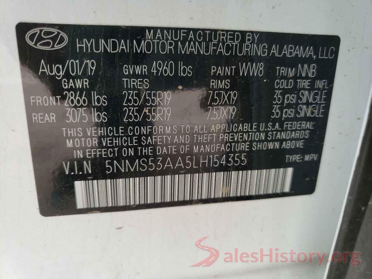 5NMS53AA5LH154355 2020 HYUNDAI SANTA FE