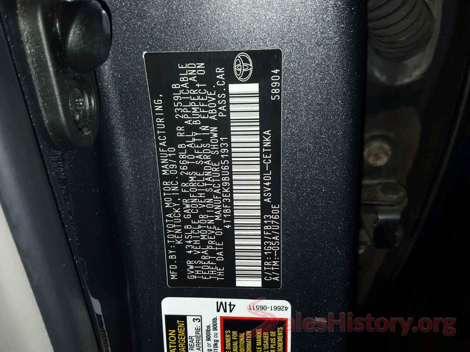 4T1BF3EK9BU651931 2011 TOYOTA CAMRY BASE