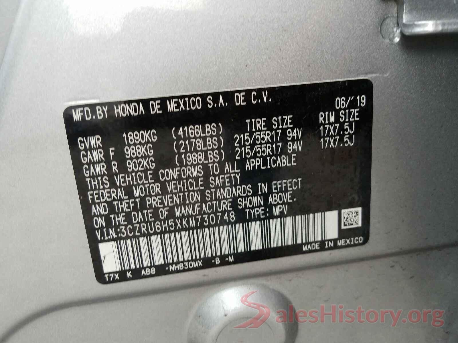 3CZRU6H5XKM730748 2019 HONDA HR-V