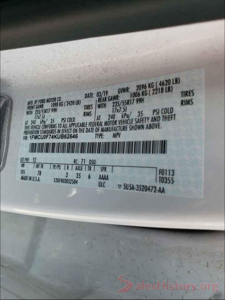 1FMCU0F74KUB62646 2019 FORD ESCAPE