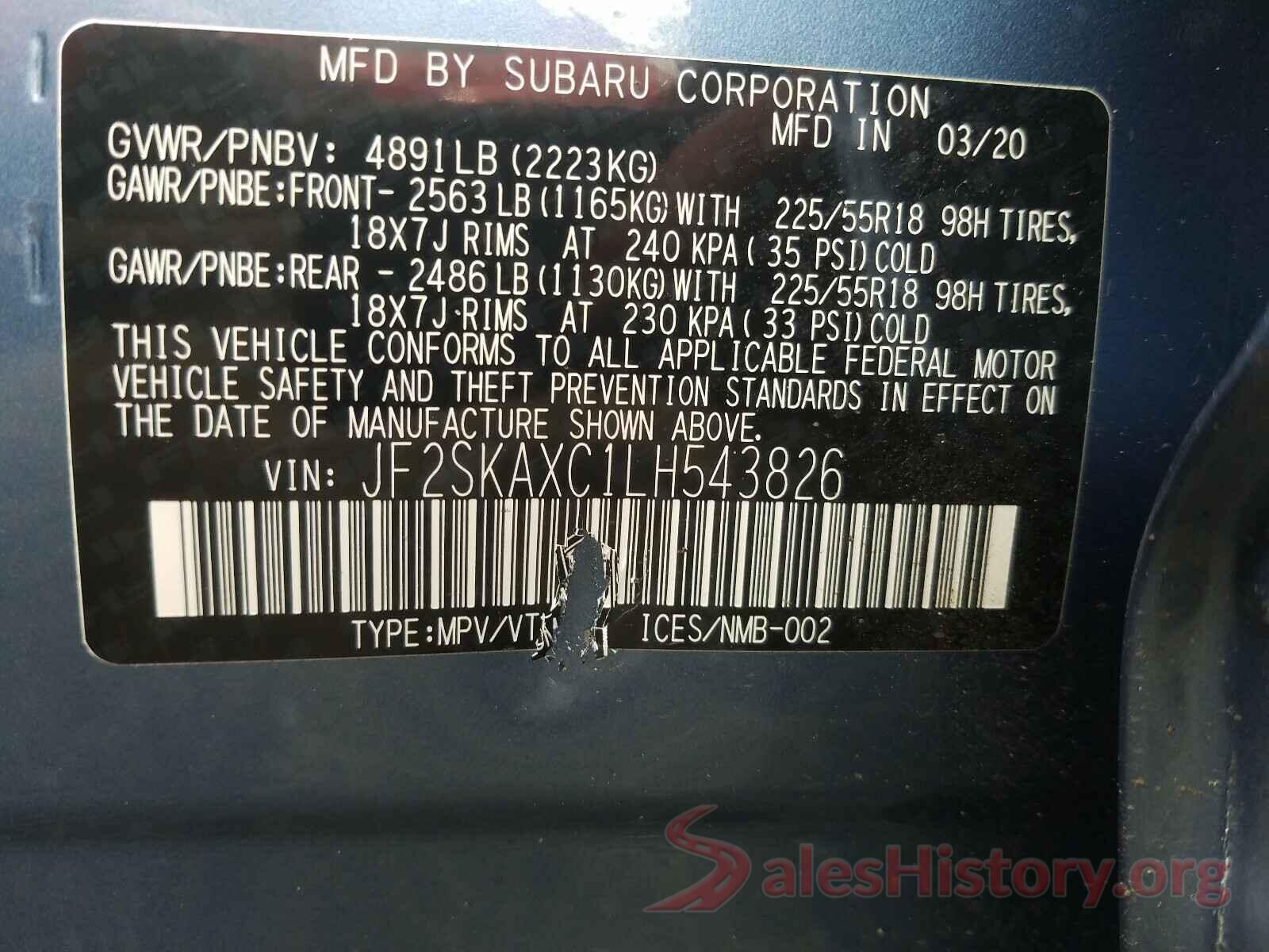 JF2SKAXC1LH543826 2020 SUBARU FORESTER