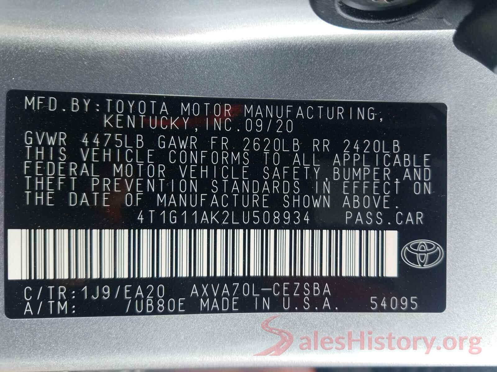 4T1G11AK2LU508934 2020 TOYOTA CAMRY