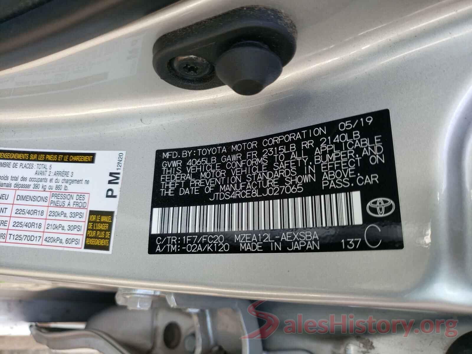 JTDS4RCE8LJ027065 2020 TOYOTA COROLLA