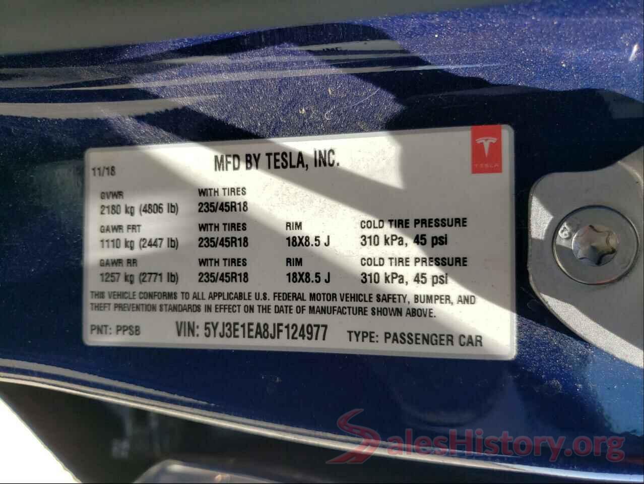 5YJ3E1EA8JF124977 2018 TESLA MODEL 3