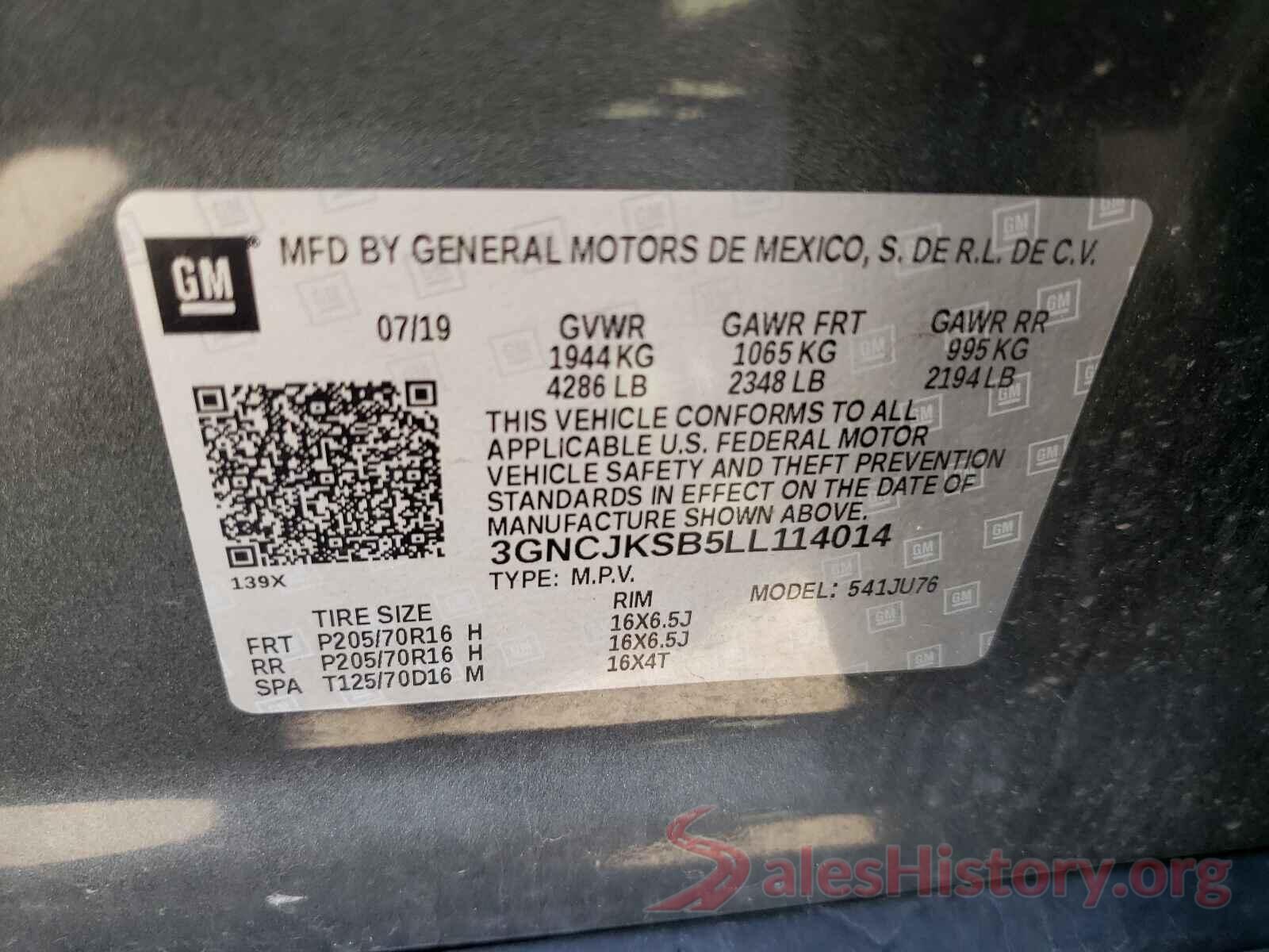 3GNCJKSB5LL114014 2020 CHEVROLET TRAX