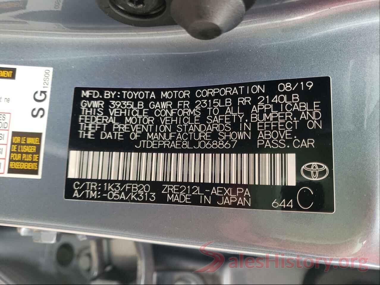 JTDEPRAE8LJ068867 2020 TOYOTA COROLLA