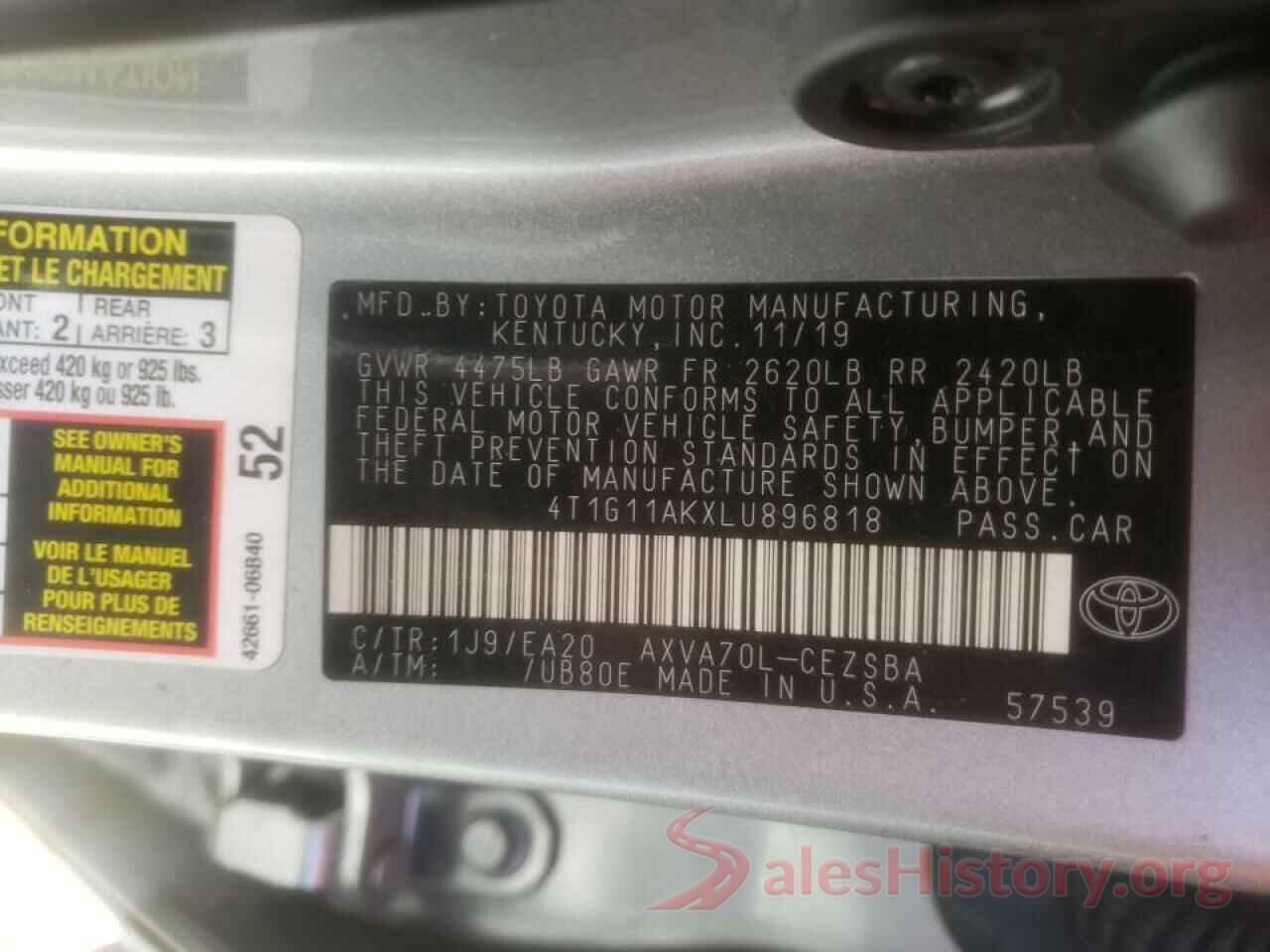 4T1G11AKXLU896818 2020 TOYOTA CAMRY