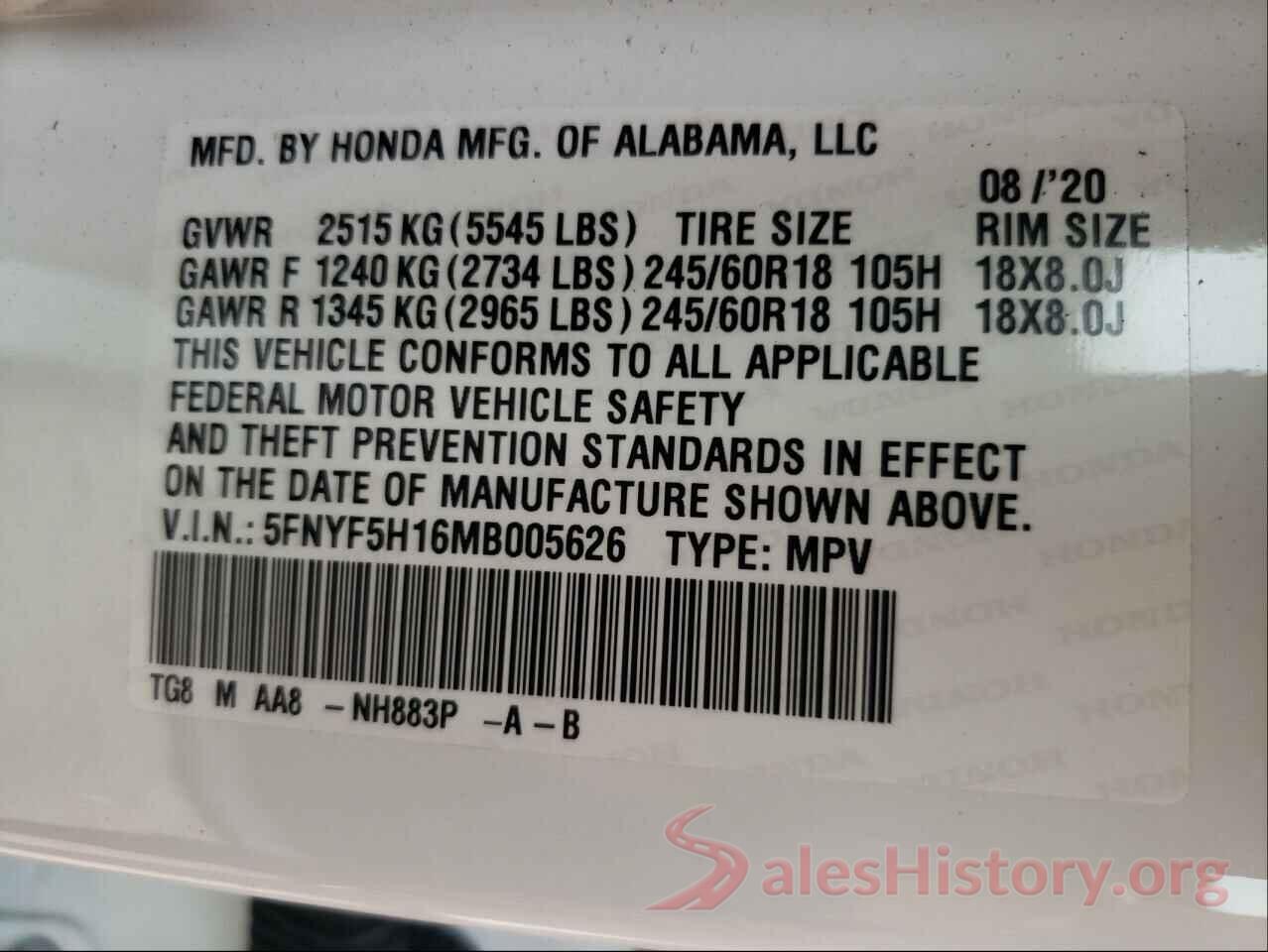 5FNYF5H16MB005626 2021 HONDA PILOT