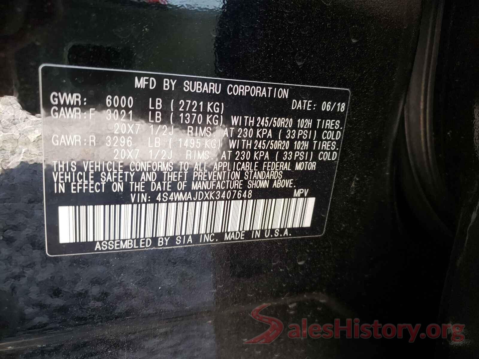 4S4WMAJDXK3407648 2019 SUBARU ASCENT