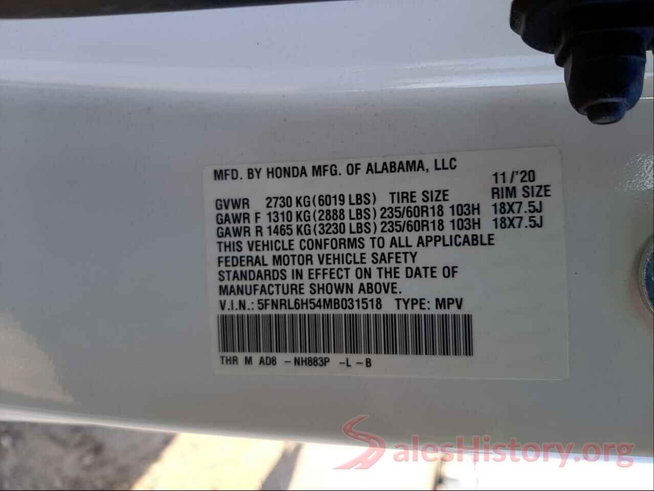 5FNRL6H54MB031518 2021 HONDA ODYSSEY