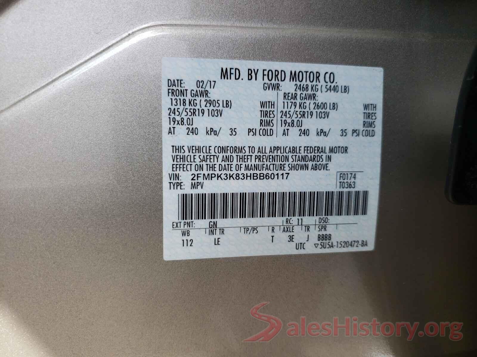 2FMPK3K83HBB60117 2017 FORD EDGE