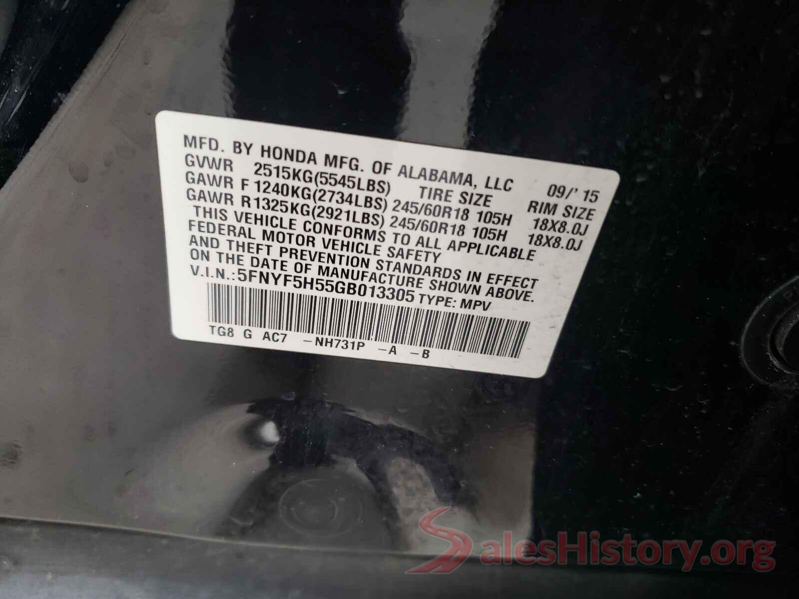 5FNYF5H55GB013305 2016 HONDA PILOT