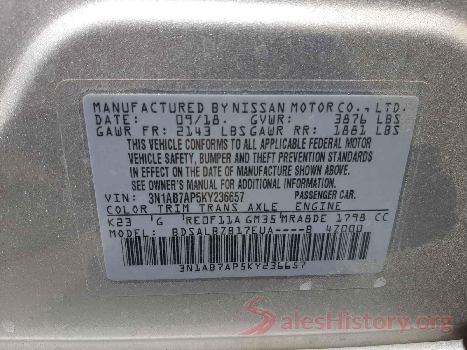 3N1AB7AP5KY236657 2019 NISSAN SENTRA