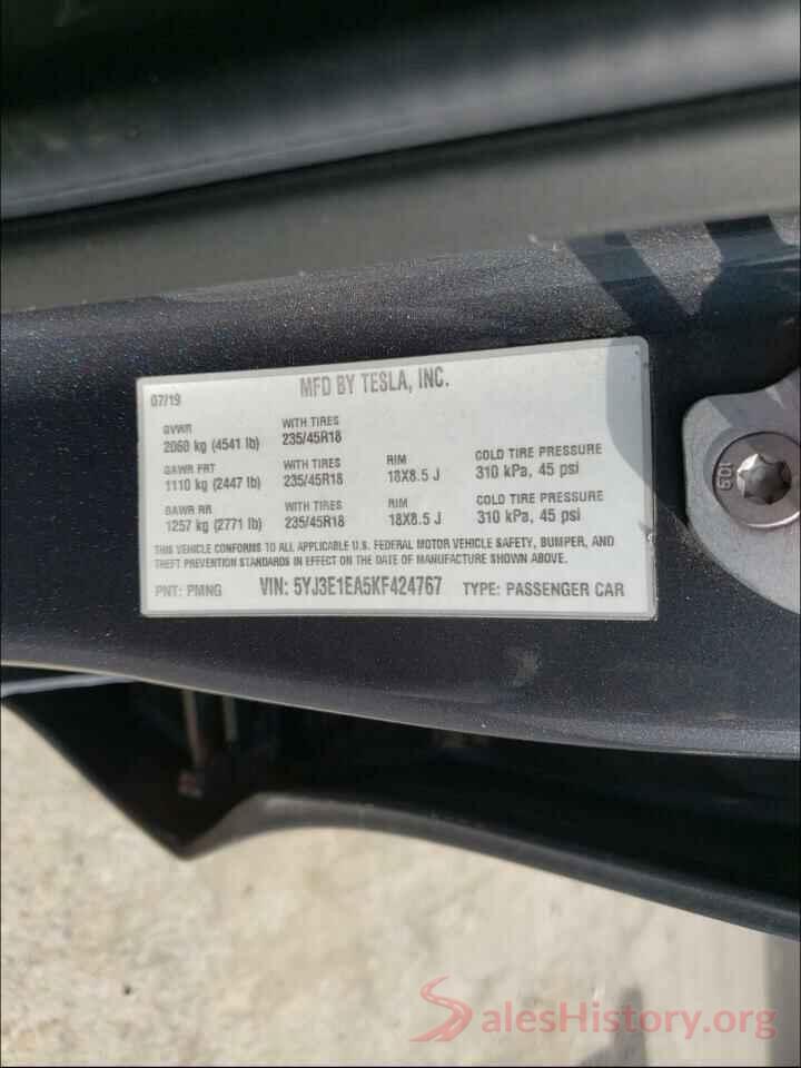 5YJ3E1EA5KF424767 2019 TESLA MODEL 3