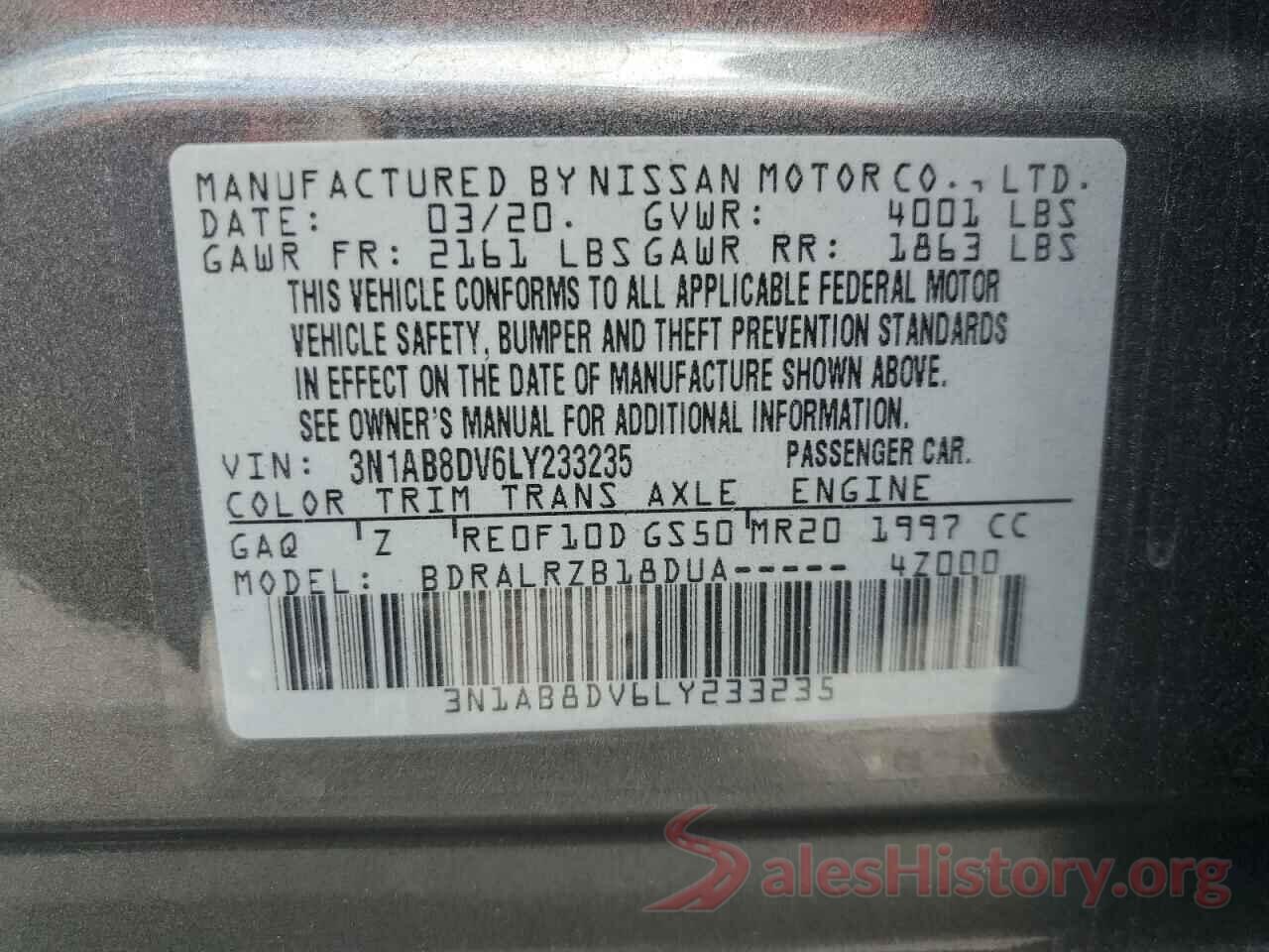 3N1AB8DV6LY233235 2020 NISSAN SENTRA