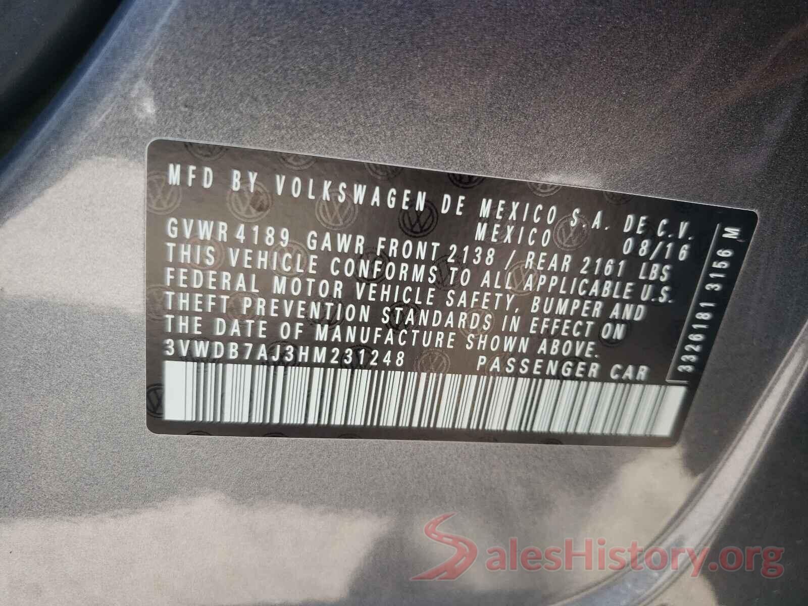 3VWDB7AJ3HM231248 2017 VOLKSWAGEN JETTA