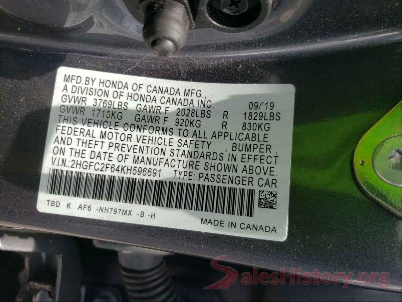 2HGFC2F64KH596691 2019 HONDA CIVIC