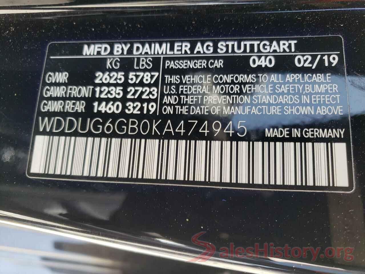 WDDUG6GB0KA474945 2019 MERCEDES-BENZ S-CLASS