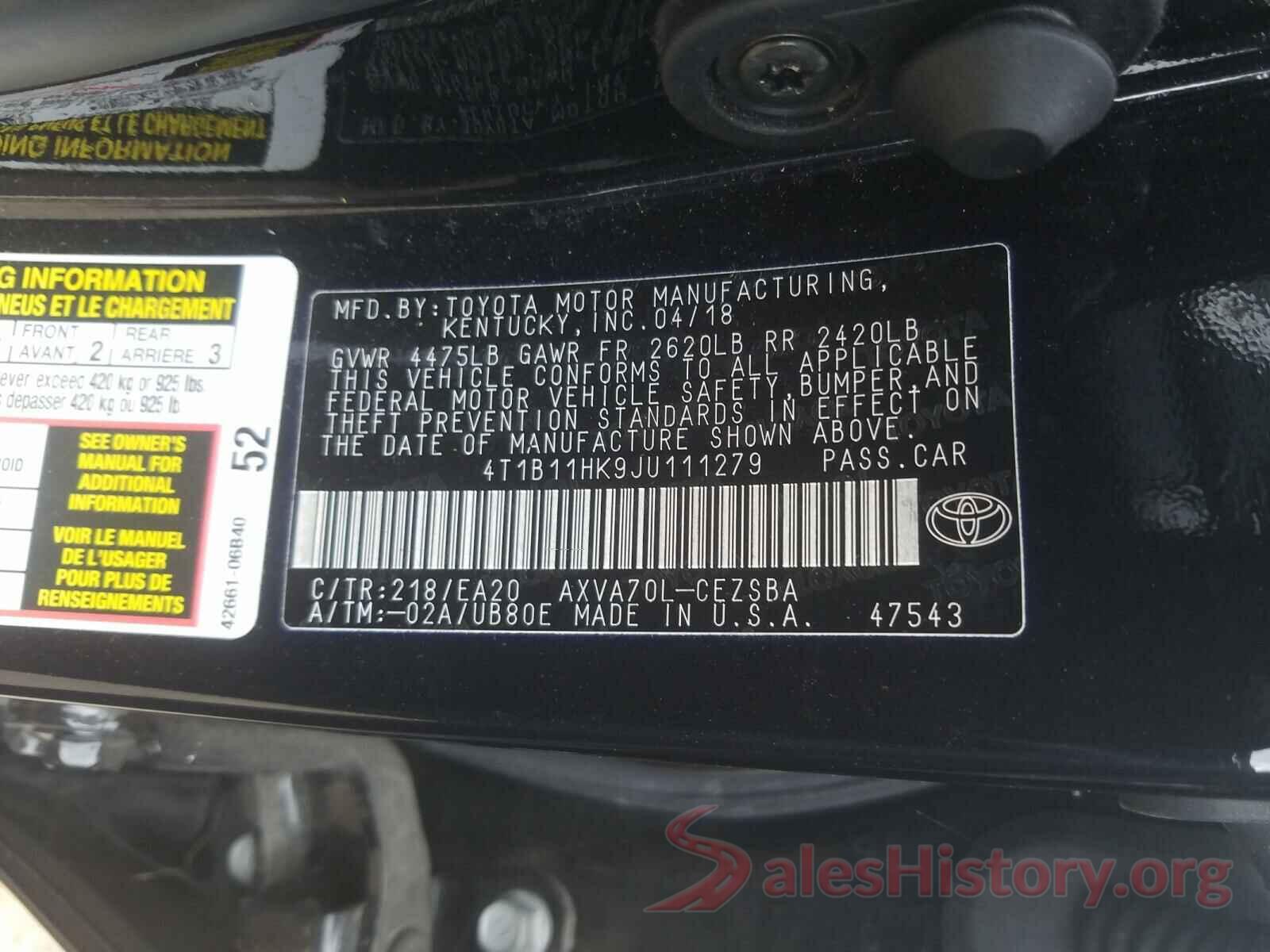 4T1B11HK9JU111279 2018 TOYOTA CAMRY