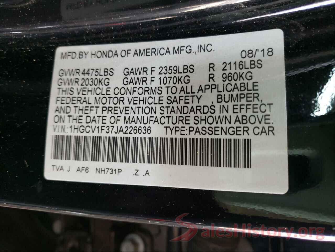 1HGCV1F37JA226636 2018 HONDA ACCORD