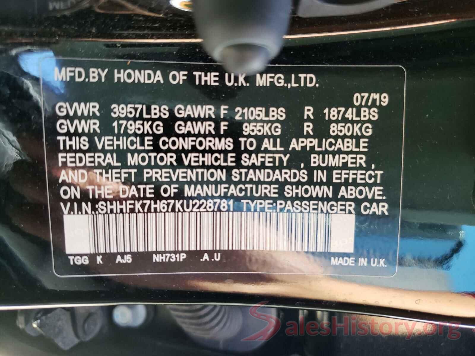 SHHFK7H67KU228781 2019 HONDA CIVIC