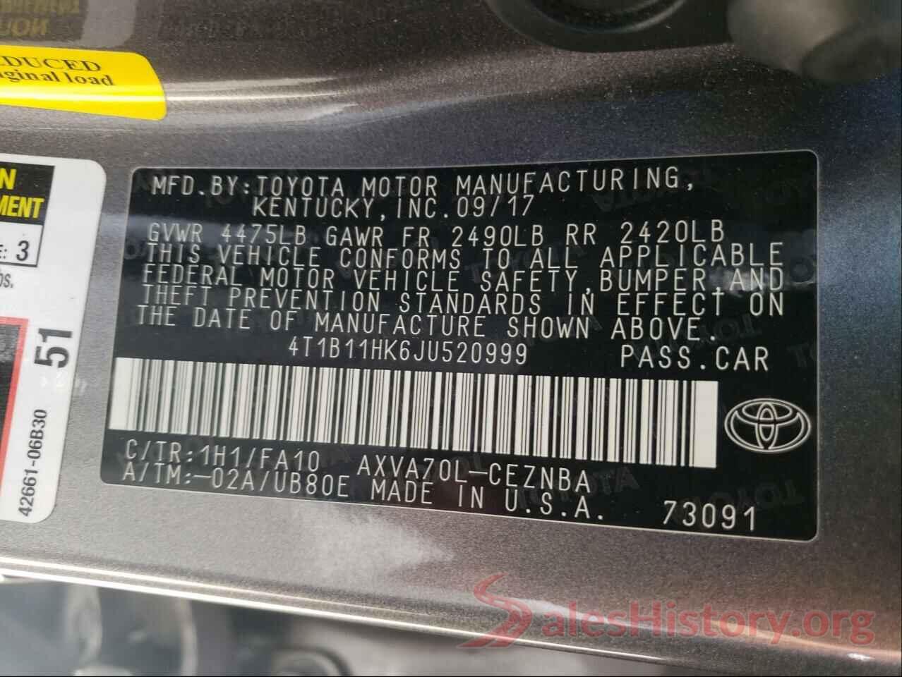 4T1B11HK6JU520999 2018 TOYOTA CAMRY