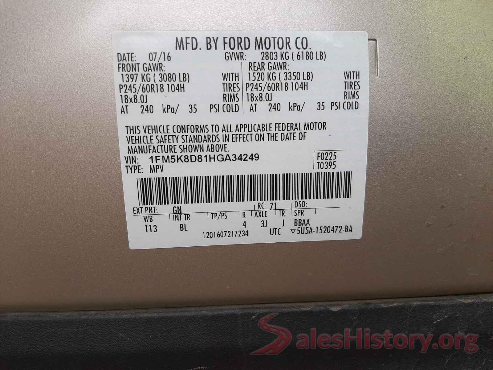 1FM5K8D81HGA34249 2017 FORD EXPLORER