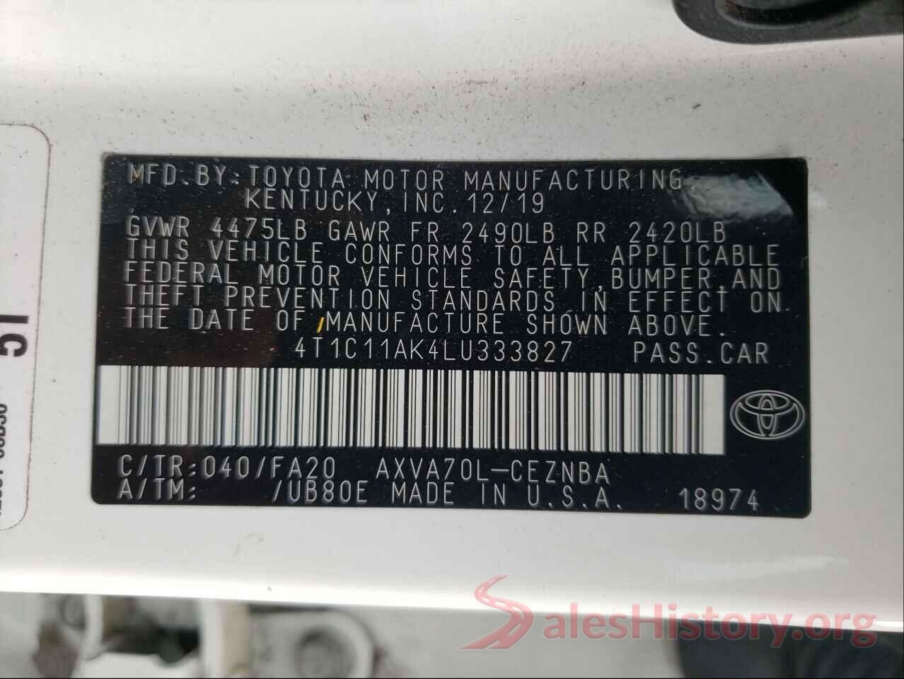 4T1C11AK4LU333827 2020 TOYOTA CAMRY