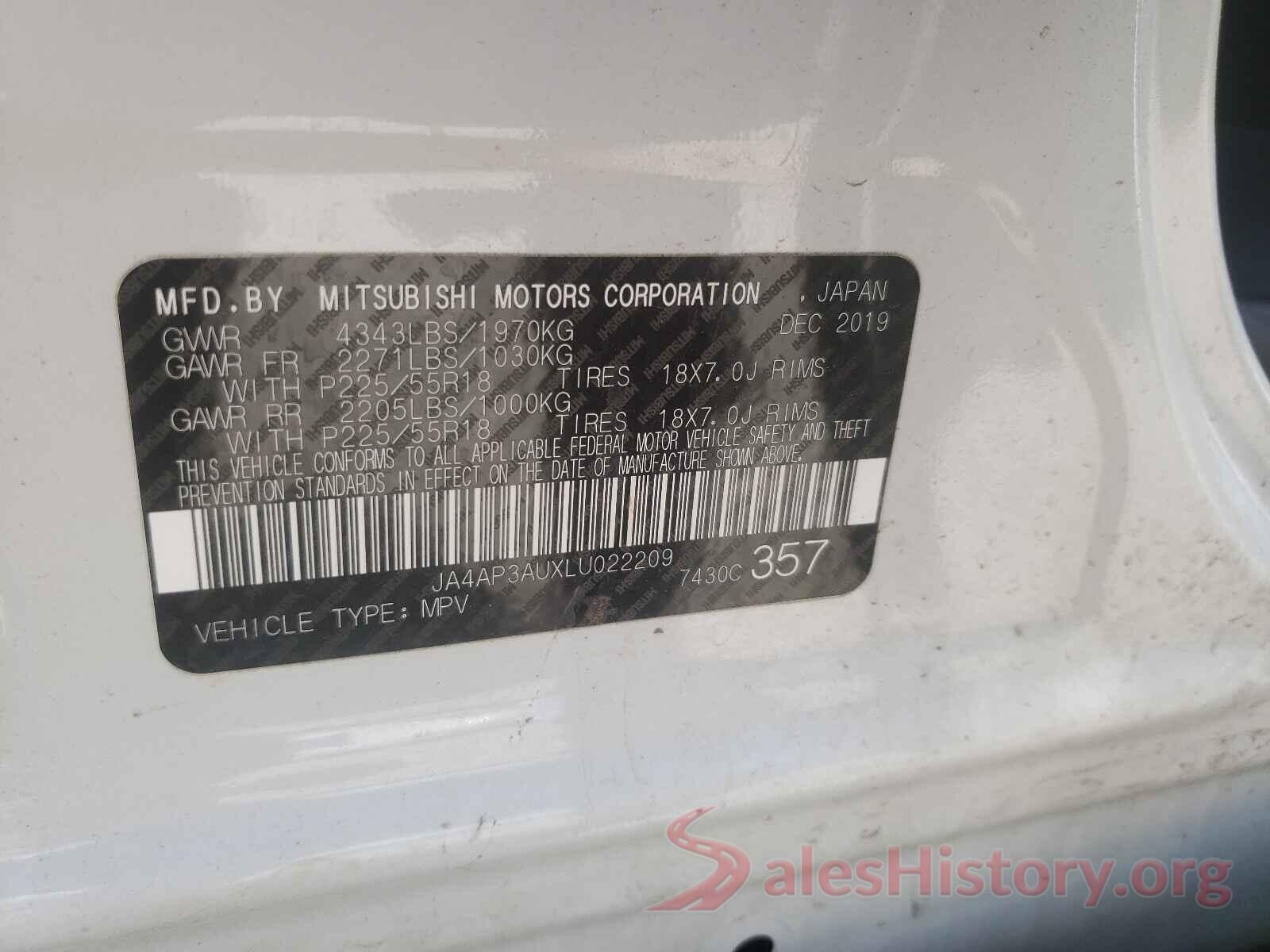 JA4AP3AUXLU022209 2020 MITSUBISHI OUTLANDER