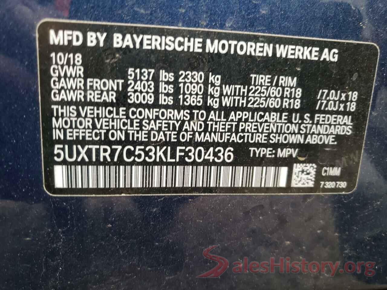 5UXTR7C53KLF30436 2019 BMW X3