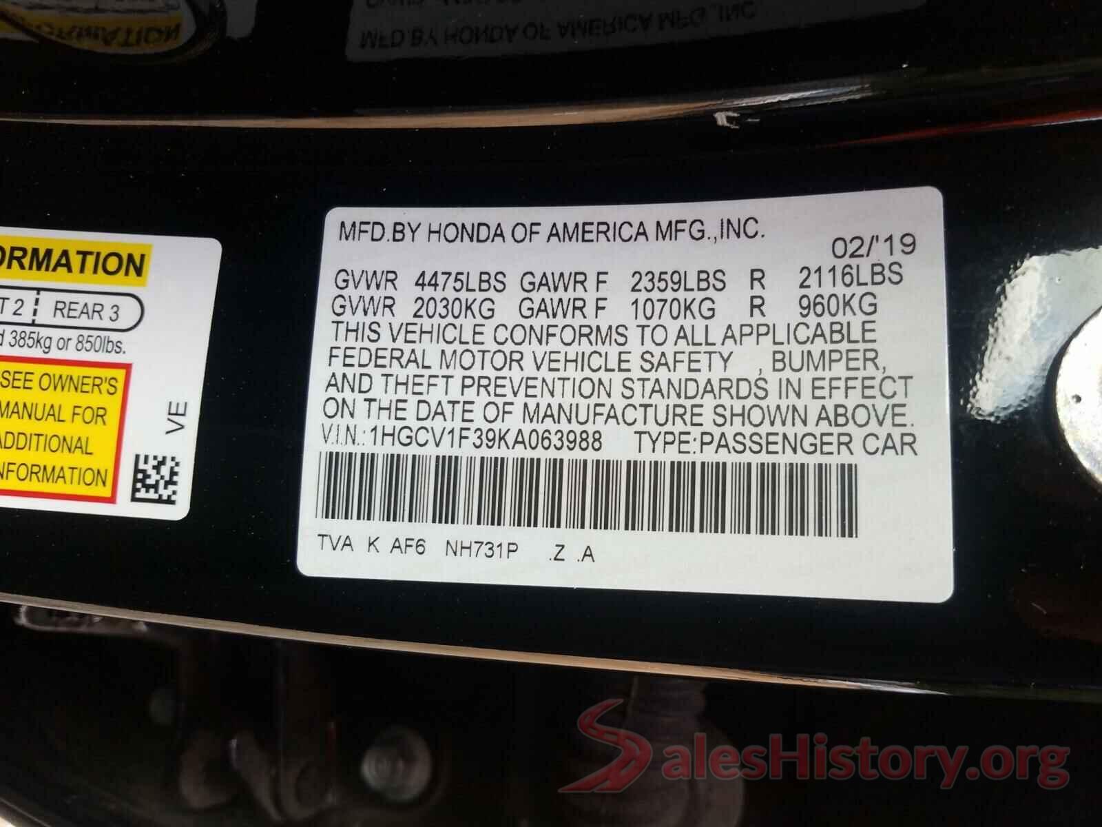 1HGCV1F39KA063988 2019 HONDA ACCORD