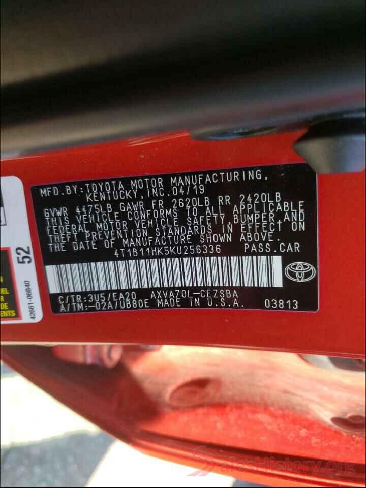 4T1B11HK5KU256336 2019 TOYOTA CAMRY