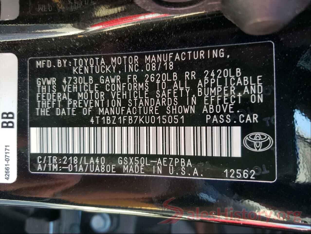 4T1BZ1FB7KU015051 2019 TOYOTA AVALON