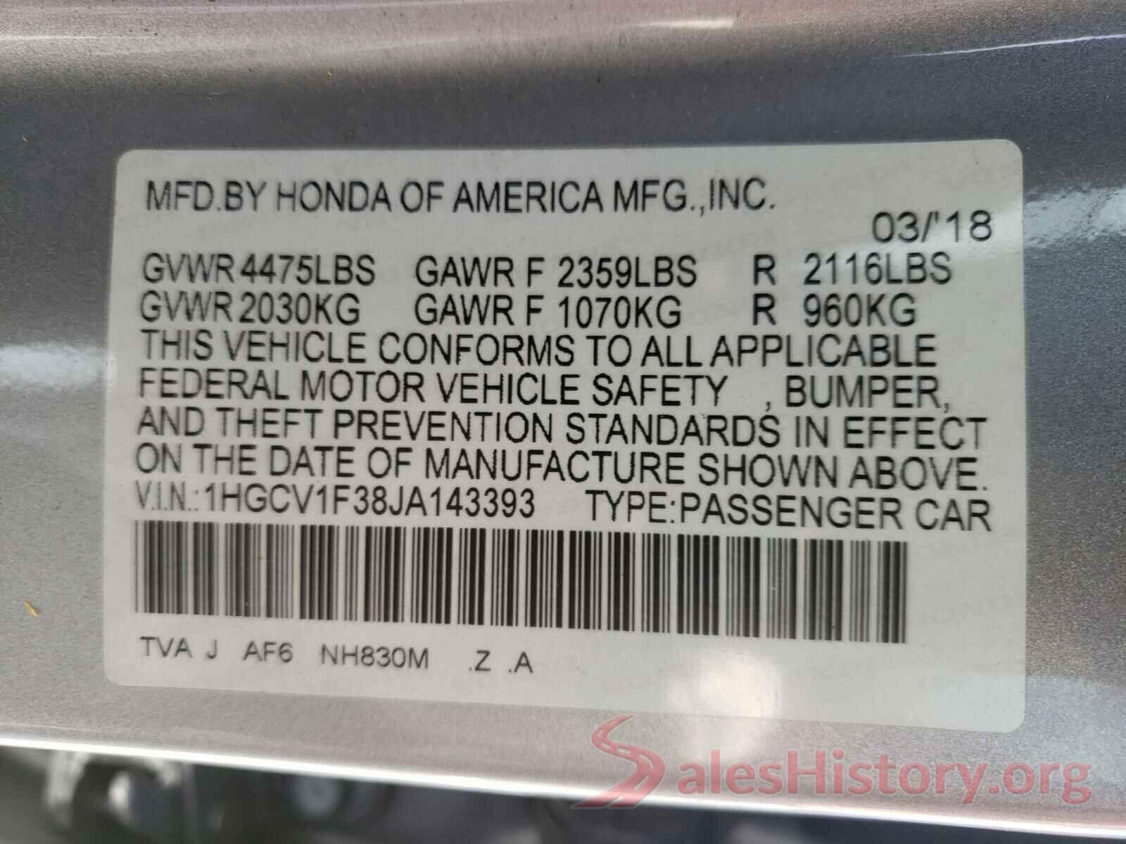 1HGCV1F38JA143393 2018 HONDA ACCORD